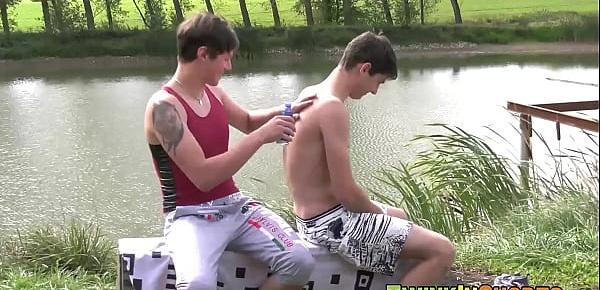  Big dicked twink gets a massage and tugging in nature